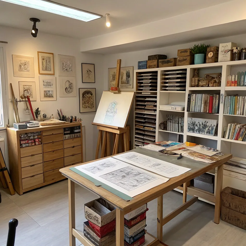 A well-equipped art studio with drawing supplies