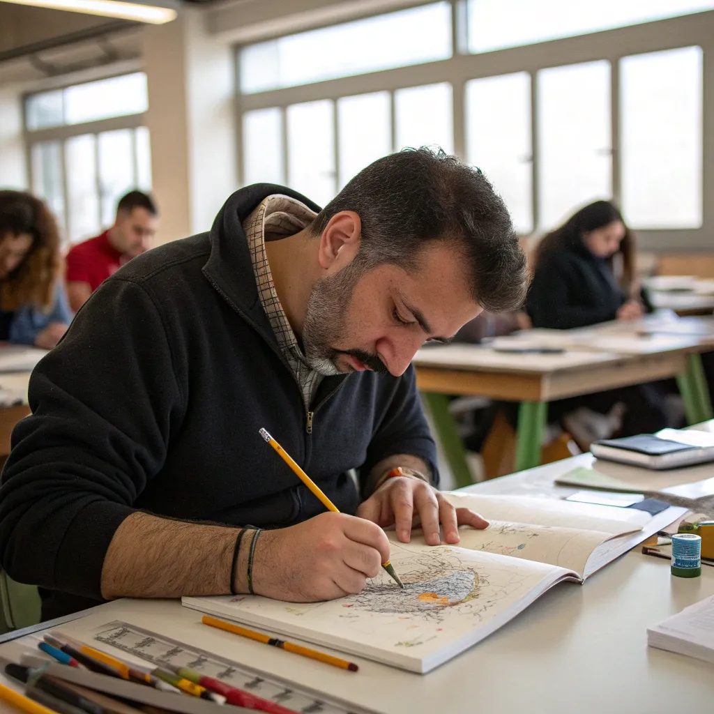 Man drawing with pencil in an art class
